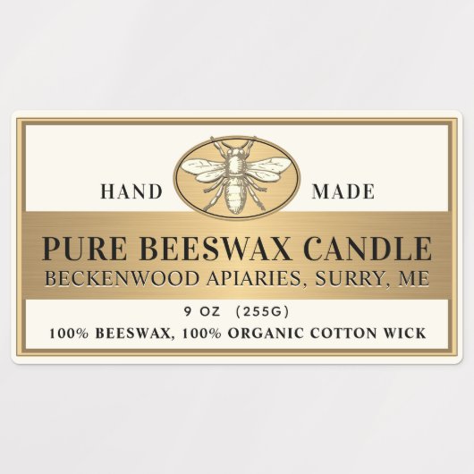 Metallic Gold Beeswax Ivory Candle Heraldic Bee Labels (Design 1)