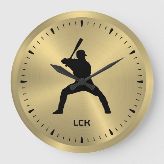 Metallic Gold Black Baseball Speler Silhouet Grote Klok (Voorkant)