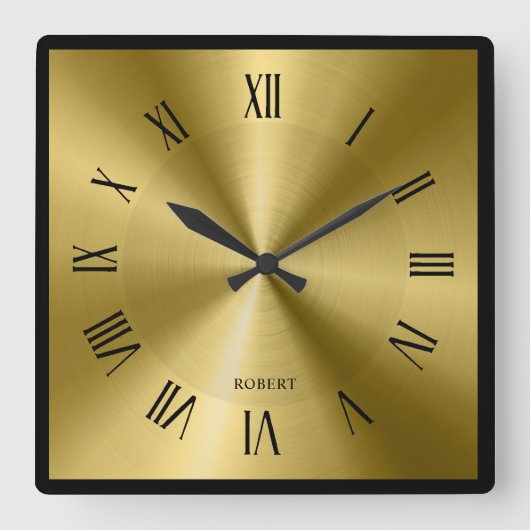 Metallic Gold & Black Border Roman Numerals  Vierkante Klok (Voorkant)