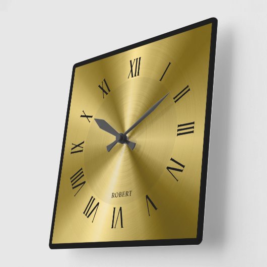 Metallic Gold & Black Border Roman Numerals Vierkante Klok (Hoek)