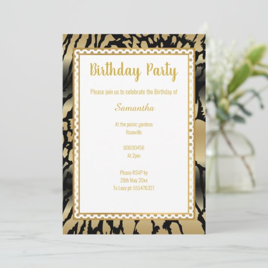 METALLIC GOLD BLACK SPOT ANIMAAL PRINT BIRTHDAY KAART (Staand voorkant)