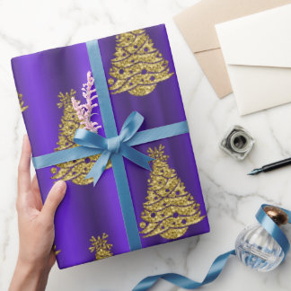 Metallic Gold Christmas Trees on Purple Christmas Cadeaupapier