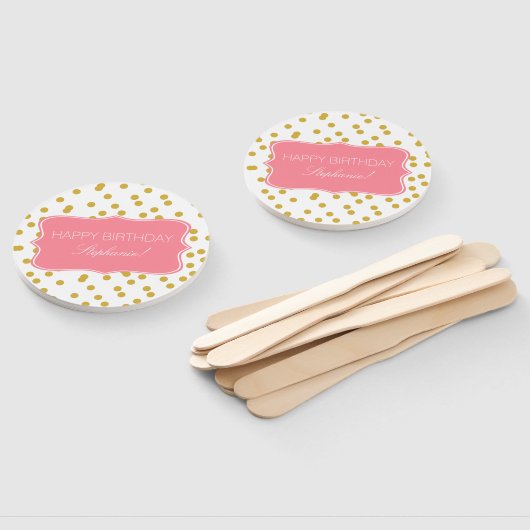 Metallic Gold Confetti met roze verjaardag party Handwaaier (Niet-gemonteerd)