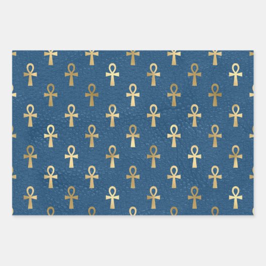 Metallic Gold Egyptian Ankh over Blauw Inpakpapier Vel (Voorkant)
