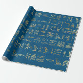 Metallic Gold Egyptian Hieroglyphs op Blue Cadeaupapier (Uitgerold)
