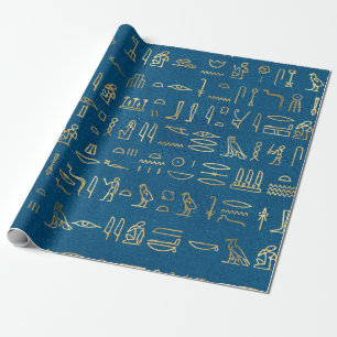 Metallic Gold Egyptian Hieroglyphs op Blue Cadeaupapier