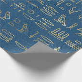Metallic Gold Egyptian Hieroglyphs op Blue Cadeaupapier (Hoek)