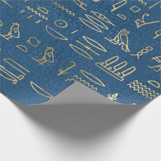 Metallic Gold Egyptian Hieroglyphs op Blue Cadeaupapier (Hoek)