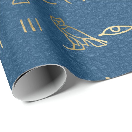 Metallic Gold Egyptian Hieroglyphs op Blue Cadeaupapier (Rol Hoek)