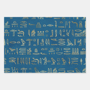 Metallic Gold Egyptian Hieroglyphs op Blue Inpakpapier Vel