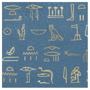 Metallic Gold Egyptian Hieroglyphs op Blue Stof