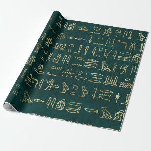 Metallic Gold Egyptian Hieroglyphs op Forest Green Cadeaupapier