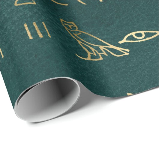 Metallic Gold Egyptian Hieroglyphs op Forest Green Cadeaupapier (Rol Hoek)