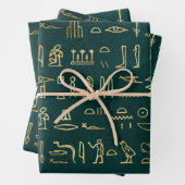 Metallic Gold Egyptian Hieroglyphs op Forest Green Inpakpapier Vel (In situ)