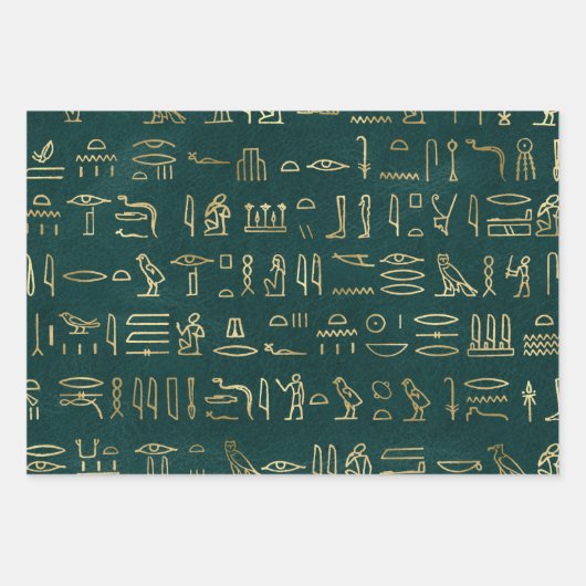 Metallic Gold Egyptian Hieroglyphs op Forest Green Inpakpapier Vel (Voorkant)