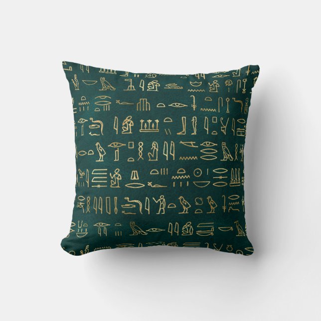 Metallic Gold Egyptian Hieroglyphs op Forest Green Kussen (Voorkant)