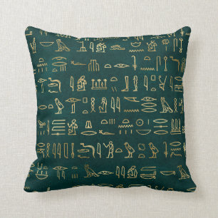 Metallic Gold Egyptian Hieroglyphs op Forest Green Kussen