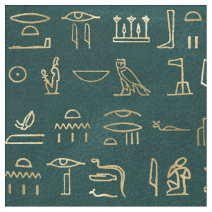 Metallic Gold Egyptian Hieroglyphs op Forest Green Stof
