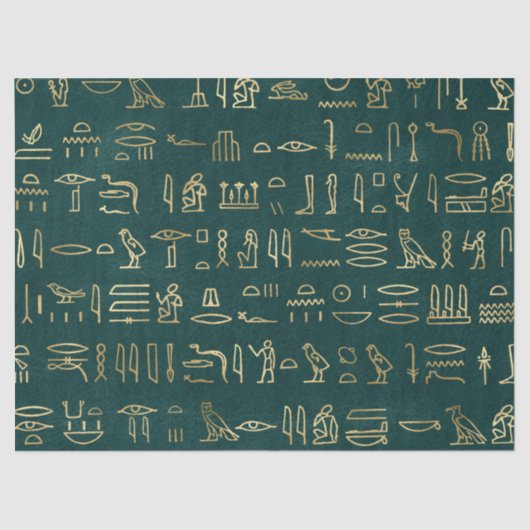 Metallic Gold Egyptian Hieroglyphs op Forest Green Tissuepapier (Voorkant)