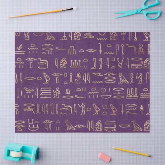 Metallic Gold Egyptian Hieroglyphs op Paars Tissuepapier (Craft)