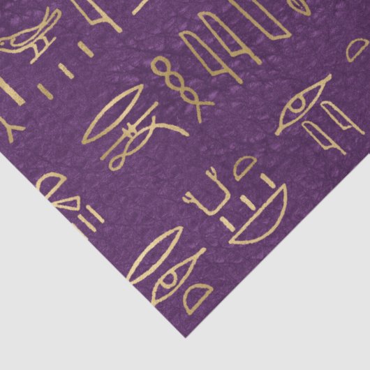 Metallic Gold Egyptian Hieroglyphs op Paars Tissuepapier (Detail)