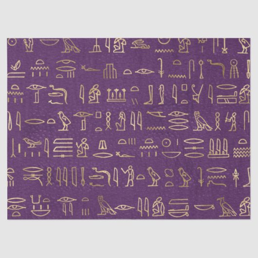 Metallic Gold Egyptian Hieroglyphs op Paars Tissuepapier (Voorkant)