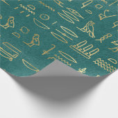 Metallic Gold Egyptian Hieroglyphs over Groen Cadeaupapier (Hoek)