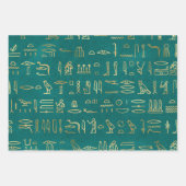 Metallic Gold Egyptian Hieroglyphs over Groen Inpakpapier Vel (Voorkant 3)