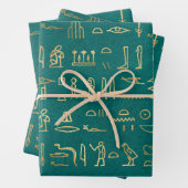 Metallic Gold Egyptian Hieroglyphs over Groen Inpakpapier Vel (In situ)
