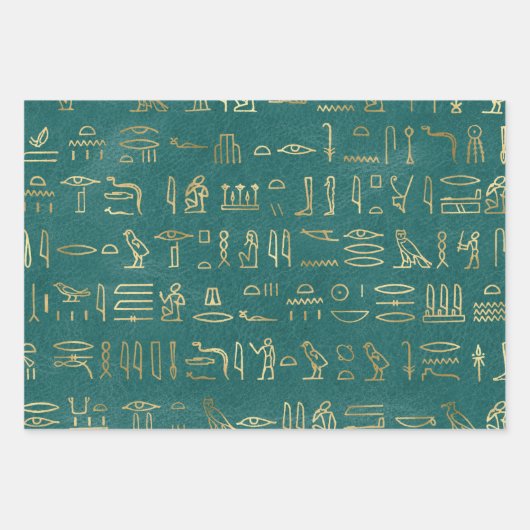 Metallic Gold Egyptian Hieroglyphs over Groen Inpakpapier Vel (Voorkant)