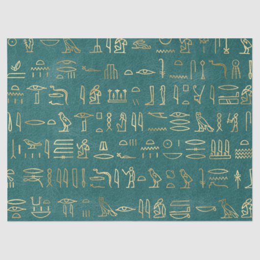 Metallic Gold Egyptian Hieroglyphs over Groen Tissuepapier (Voorkant)