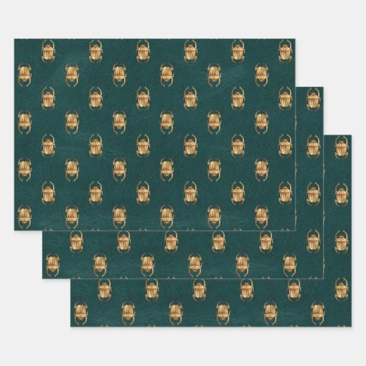 Metallic Gold Egyptian Scarab Beetles over Groen Inpakpapier Vel (Set)