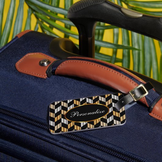 Metallic Gold en Black Herringbone | Personalisere Bagagelabel (Voorkant Insitu 3)