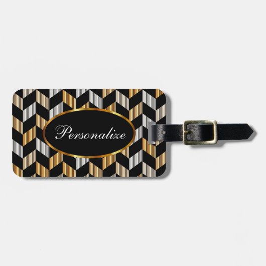 Metallic Gold en Black Herringbone | Personalisere Bagagelabel (Voorkant horizontaal)