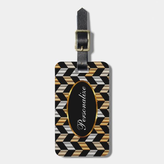 Metallic Gold en Black Herringbone | Personalisere Bagagelabel (Voorkant verticaal)