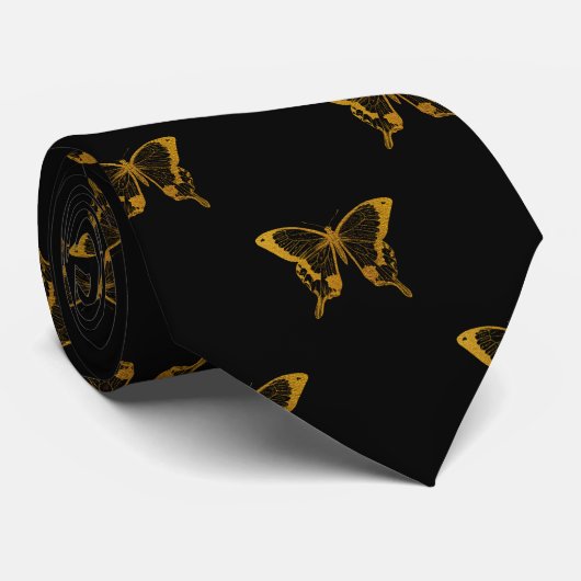 Metallic Gold Foil Butterflies op Black Stropdas (Opgerold)