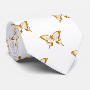 Metallic Gold Foil Butterflies op White Stropdas
