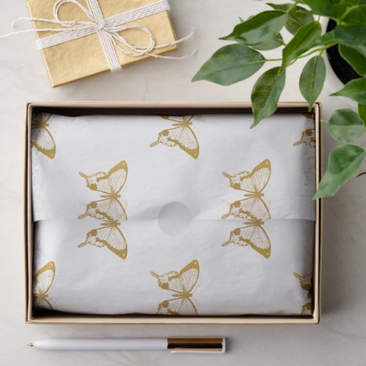 Metallic Gold Foil Butterflies op White Tissuepapier (Geschenk)