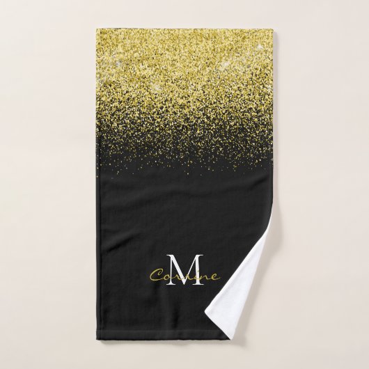 Metallic Gold Glitter Ombre op zwarte monogrammen Bad Handdoek (Handdoek)
