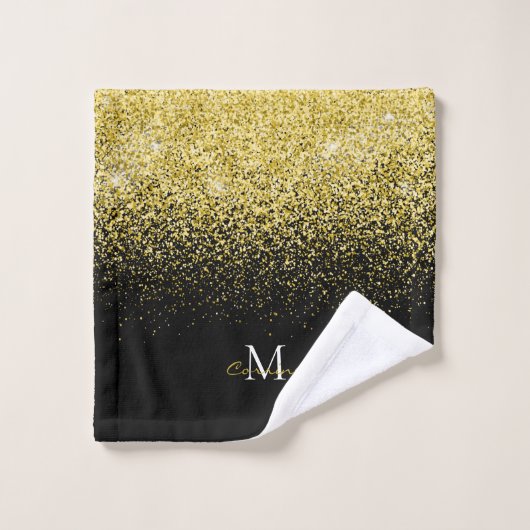 Metallic Gold Glitter Ombre op zwarte monogrammen Bad Handdoek (Wasdoekje)