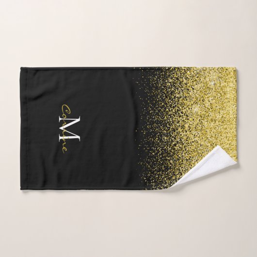 Metallic Gold Glitter Ombre op zwarte monogrammen Bad Handdoek (Handdoek)