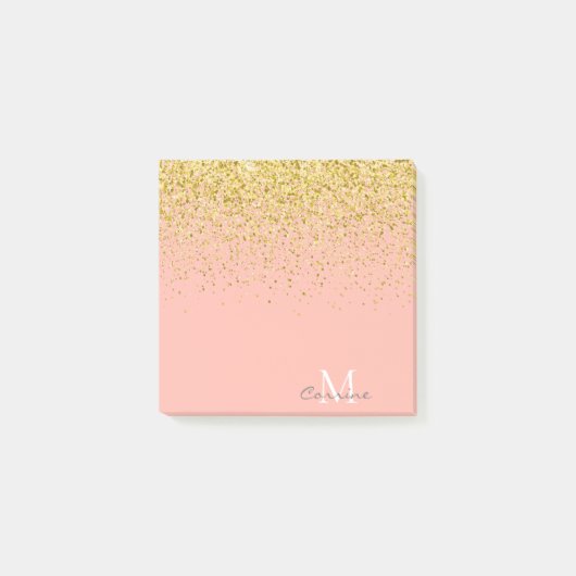 Metallic Gold Glitter Rain + Roos Kwarts Monogram Post-it® Notes (Voorkant)