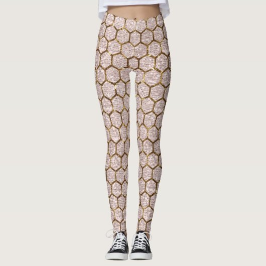 Metallic Gold Glitter Sequins Hexagon Honeycomb Leggings (Voorkant)