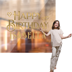 Metallic Gold Happy Birthday Banner met Harten Raamsticker