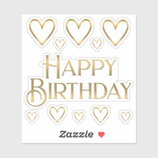 Metallic Gold Happy Birthday Sticker and Hearts  (Vel)