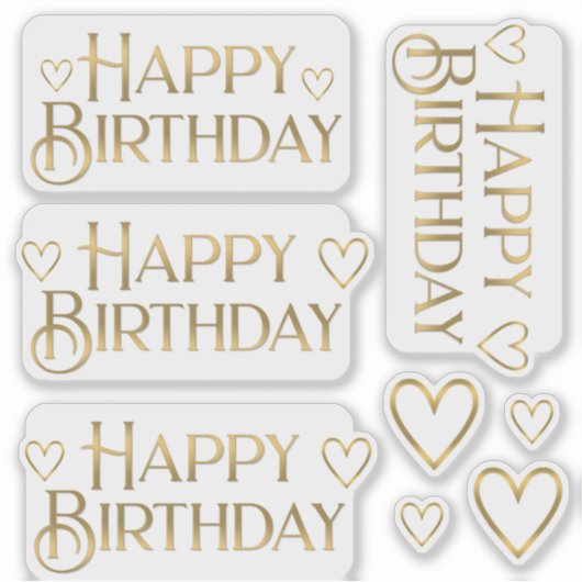 Metallic Gold Happy Birthday Sticker en hart (Voorkant)