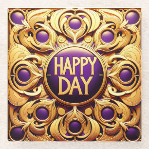 Metallic Gold Happy Day Glass Onderzetter