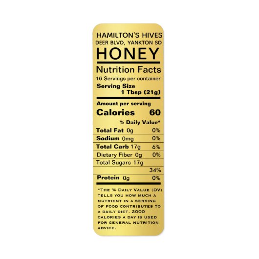 Metallic Gold Honey Nutrition Facts Return Address Etiket (Voorkant)