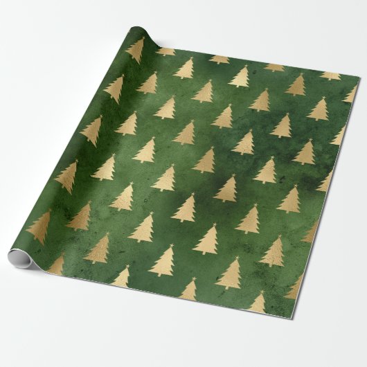 Metallic Gold kerstbomen op groen Cadeaupapier (Uitgerold)