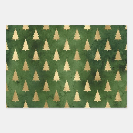 Metallic Gold kerstbomen op groen Inpakpapier Vel (Voorkant)